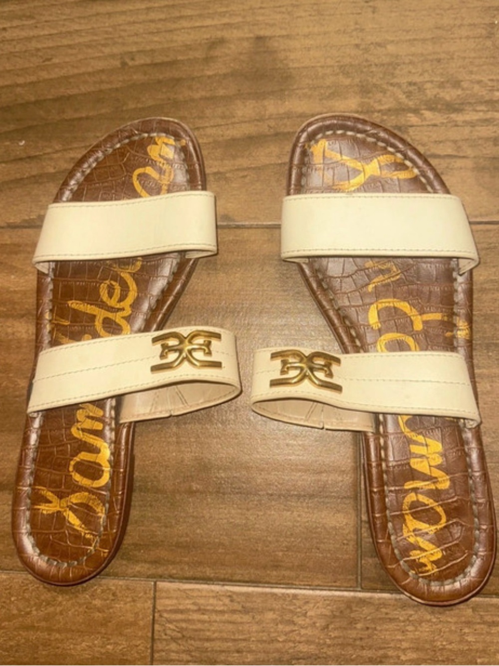 Sam Edelman Cream Slide Sandals with Gold Logo